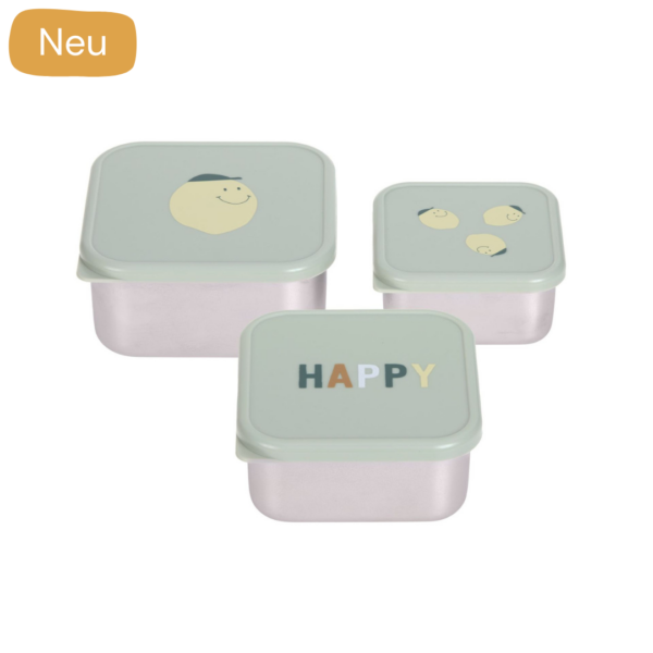 Snackbox Kinder (3er Set) - Edelstahl Brotdose, Happy Fruits, Zitrone