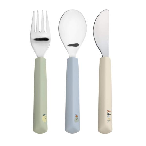 Kinderbesteck mit Silikongriff (Gabel, Löffel, Messer) - Happy Fruits, Zitrone, Lässig