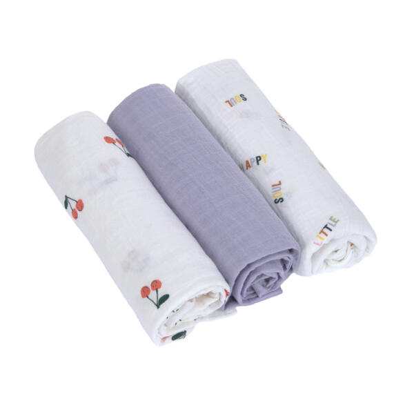 Lässig Mulltücher 3er Set 85 x 85 cm - Bio Baumwolle, Happy Fruits, Kirsche