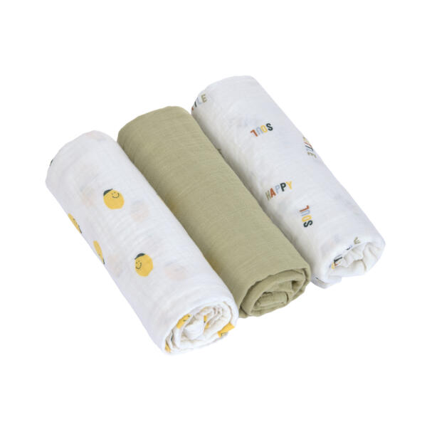 Lässig Mulltücher 3er Set 85 x 85 cm - Bio Baumwolle, Happy Fruits, Zitrone